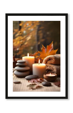 Cozy spa setting with candles, smooth stones, soft towels and autumn leaves on warm wooden surface