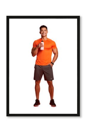 Fit Man Holding Water Bottle In Orange Shirt