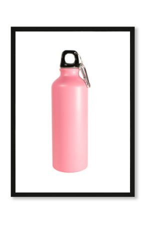 Pink aluminum water bottle, isolated on a blank background.