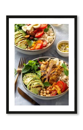 Healthy high protein lunch bowls, vegan and chicken options