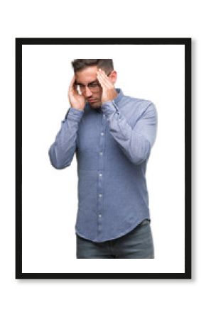 Handsome young elegant man wearing glasses with hand on head for pain in head because stress. Suffering migraine.