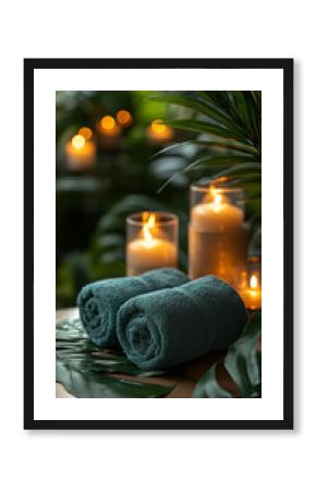 vertical aligned calm wellness mobile advertising banner image, spa massage treatment background with aromatic candles and towel roll near a hotel pool