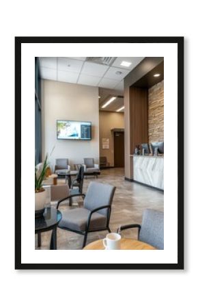 A spacious clinic waiting room with multiple seating areas, a wall-mounted TV showing a health program, and a coffee station, Generative AI