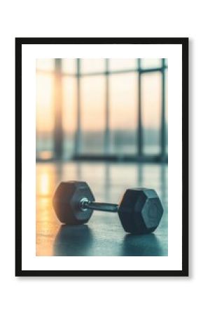 A single dumbbell resting on a gym floor with large windows letting in soft sunrise light, symbolizing fitness motivation.
