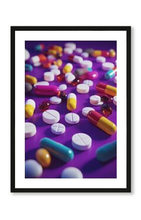 Assorted colorful pills and capsules scattered on a purple background.