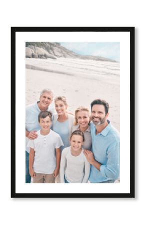 Portrait, smile and summer with big family on beach together for holiday, travel or vacation. Blue sky, hug or love with senior people, parents and sibling children outdoor for bonding or wellness