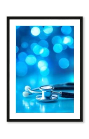 A shiny stethoscope rests on a smooth surface, surrounded by soft blue bokeh lights, symbolizing healthcare and wellness.