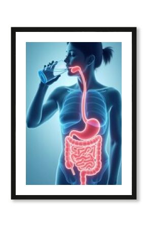 A visual of a person drinking water with a highlighted digestive system, digestive health