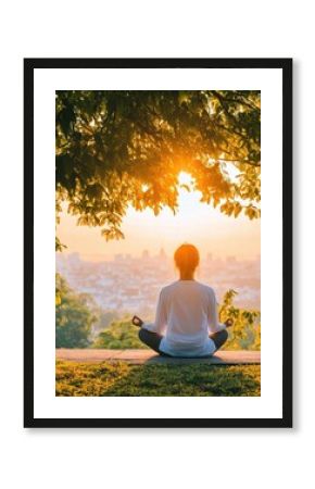 A sunrise meditation session in a park, with soft light filtering through the trees, representing peace, clarity, and the start of a new personal journey in 2025