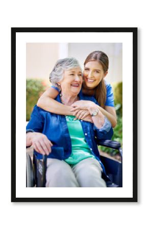 Elderly, woman and wheelchair with hug in garden at retirement home for comfort, rehabilitation or healthcare service. Nurse, caregiver and patient with disability, consulting or wellness support