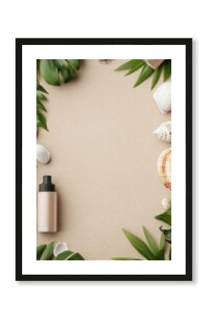 Flat lay of tropical leaves, seashells, and skincare bottle on beige background. Natural beauty concept with copy space in the center.