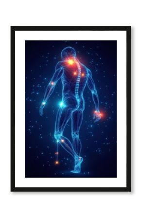 Digital illustration of a human body with glowing joints and spine on a blue background symbolizing health and technology