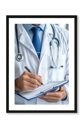 Doctor writing notes on a clipboard during a physical exam, health record, medical checkup documentation