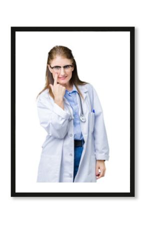 Middle age mature doctor woman wearing medical coat over isolated background Pointing to the eye watching you gesture, suspicious expression