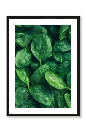 Fresh spinach leaves in a close-up view, showcasing their vibrant green color and rich texture, perfect for healthy food concepts.