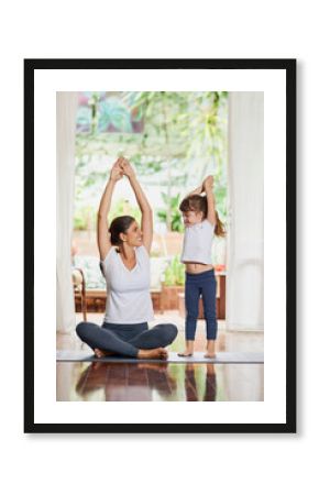 Fitness, family and playful yoga by mother and daughter on floor, bonding and wellness in home. Pilates, girl and mom with relax, stretching and zen for holistic mind health exercise in house