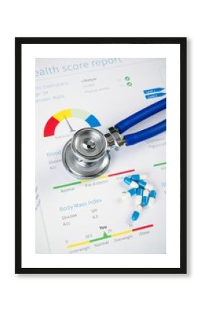 Health condition score report. Stethoscope on medical background