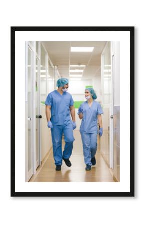 fellow surgeons man and woman chat while walking towards the operating theater