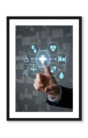  Healthcare Technology: Digital Medicine Interface with Medical Icons & Touchscreen for Health Solutions & Innovative Telemedicine Systems