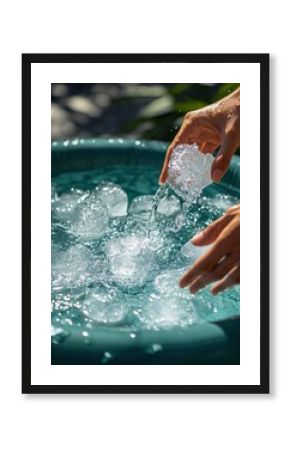 hands with glass jug fill a barrel with water and ice. Cold therapy, wellness and recovery routine. Relaxation and detox concept