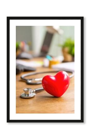 Red heart love shape hand exercise ball with doctor physician's stethoscope on an office desk in a medical: Hospital life insurance concept: World Heart Health Day. World Hypertension Day. MZ