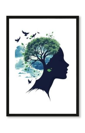 Illustration representing mental health concept, featuring a human head surrounded by birds and green tree branches