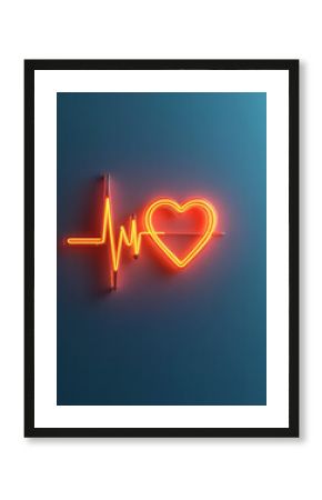Glowing neon heart with pulse line on a blue background.