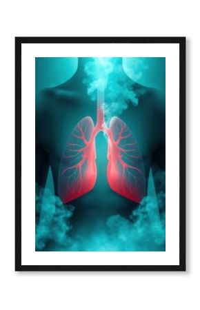 Human lungs in a body enveloped in blue smoke, illustrating respiratory health and potential damage.