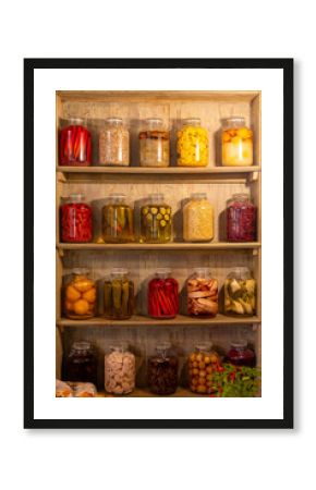 Large glass jars of fermented vegetables and fruit line rustic wooden shelves, supporting a healthy gut biome through natural probiotic nutrition