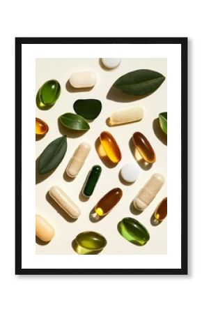 Nature inspired supplements and pills on light background