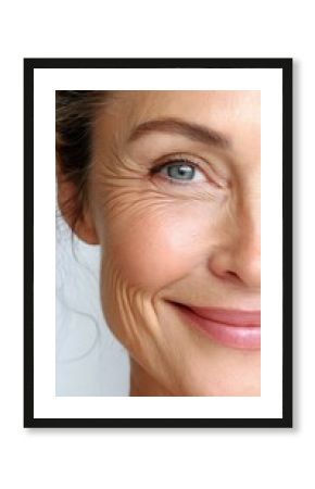 Weathered senior woman's half profile revealing genuine smile, soft wrinkles highlighting natural beauty of aging, capturing authentic facial texture and life experience
