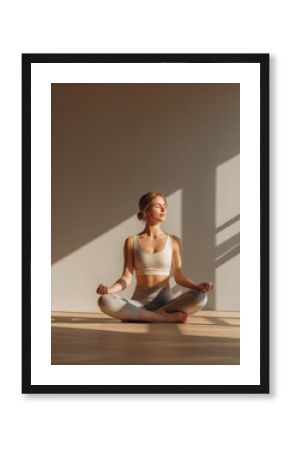 Woman doing yoga feels serene in minimalist living room early morning