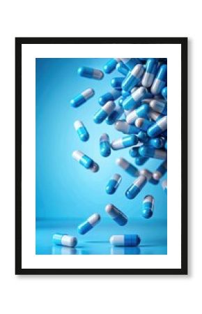 Falling blue medicine pill capsules on blue background