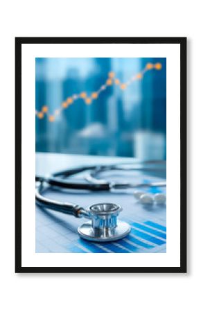 Medical stethoscope and health data analysis with rising financial graph background