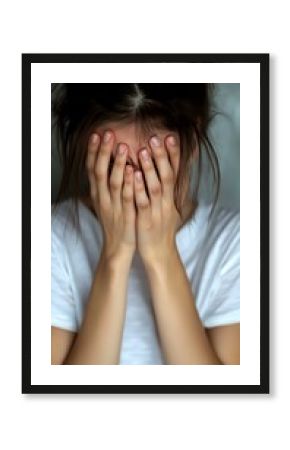 Young woman in white t-shirt covering face with hands expressing deep emotional distress, anxiety, shame or grief against blurred background. Conceptual mental health photo.