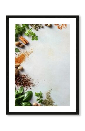 art Food and cooking banner background. Spices and herbs. Variety of spices and mediterranean herbs.