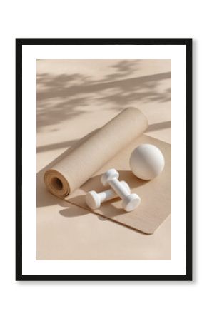Minimalist fitness flatlay with yoga mat, white dumbbells and ball on a beige surface