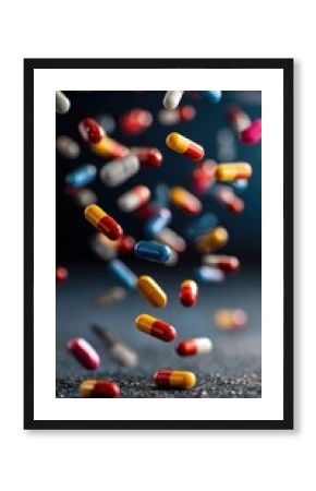 Artistic depiction of pills falling in slow motion with a focused shot on the contrast between vivid colors and dark surroundings ideal for visual storytelling in health and medicine.