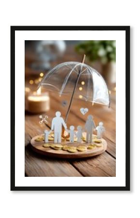Transparent umbrella protecting paper family figures and gold coins symbolizing health and financial security