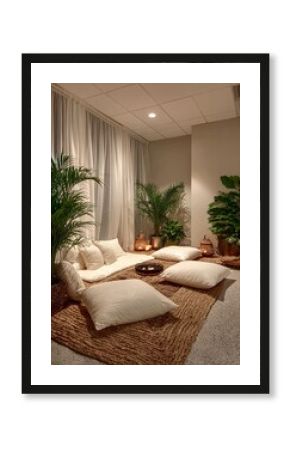Peaceful meditation space with soft lighting and natural textures in a holistic wellness center, designed for mindfulness, relaxation, and inner balance practice  