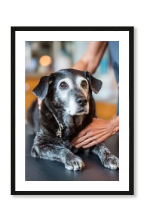 Elderly Dog Receiving a Joint Examination on a Mat in a Well-Lit Veterinary Clinic Setting