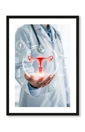 Medical professional displaying female reproductive system, doctor, medical, healthcare, technology, human anatomy, female reproductive system, uterus, ovaries, fallopian tubes, digital interface, hol