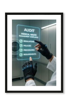 Medical waste management compliance audit digital interface with futuristic gloves in a sterile environment