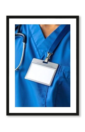 Close-up of a blank ID badge on a blue medical scrub top
