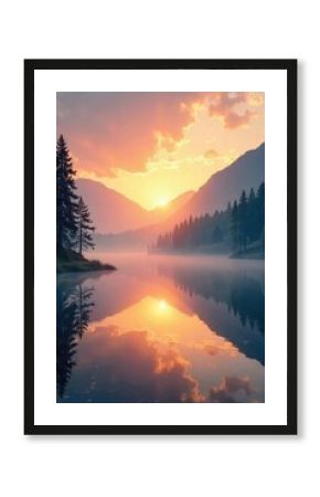 Serene sunrise over a tranquil lake, mist gently rising, creating a magical, ethereal atmosphere Perfect for calming backgrounds, travel, nature, or wellness themes , magical, picturesque