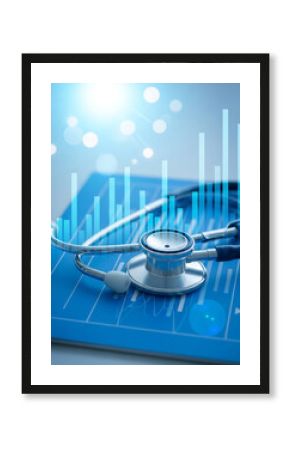 Stethoscope on a medical chart with a digital health data graph overlay