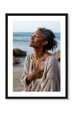 Middle-aged African American woman finding peace with personal choices at a serene nature retreat