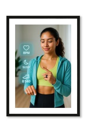 Fitness tracking in a modern gym woman monitoring health metrics digital lifestyle content indoor space close-up view health and wellness concept