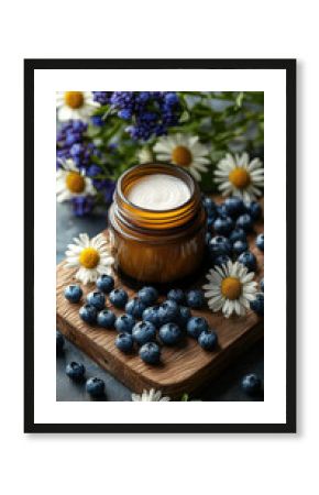 A jar of eye cream surrounded by fresh blueberries and daisies on wooden cutting board creates serene and inviting atmosphere. natural elements enhance beauty of product