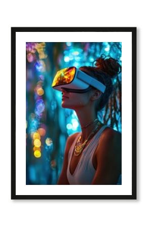 Woman Wearing VR Headset with Bokeh Lights